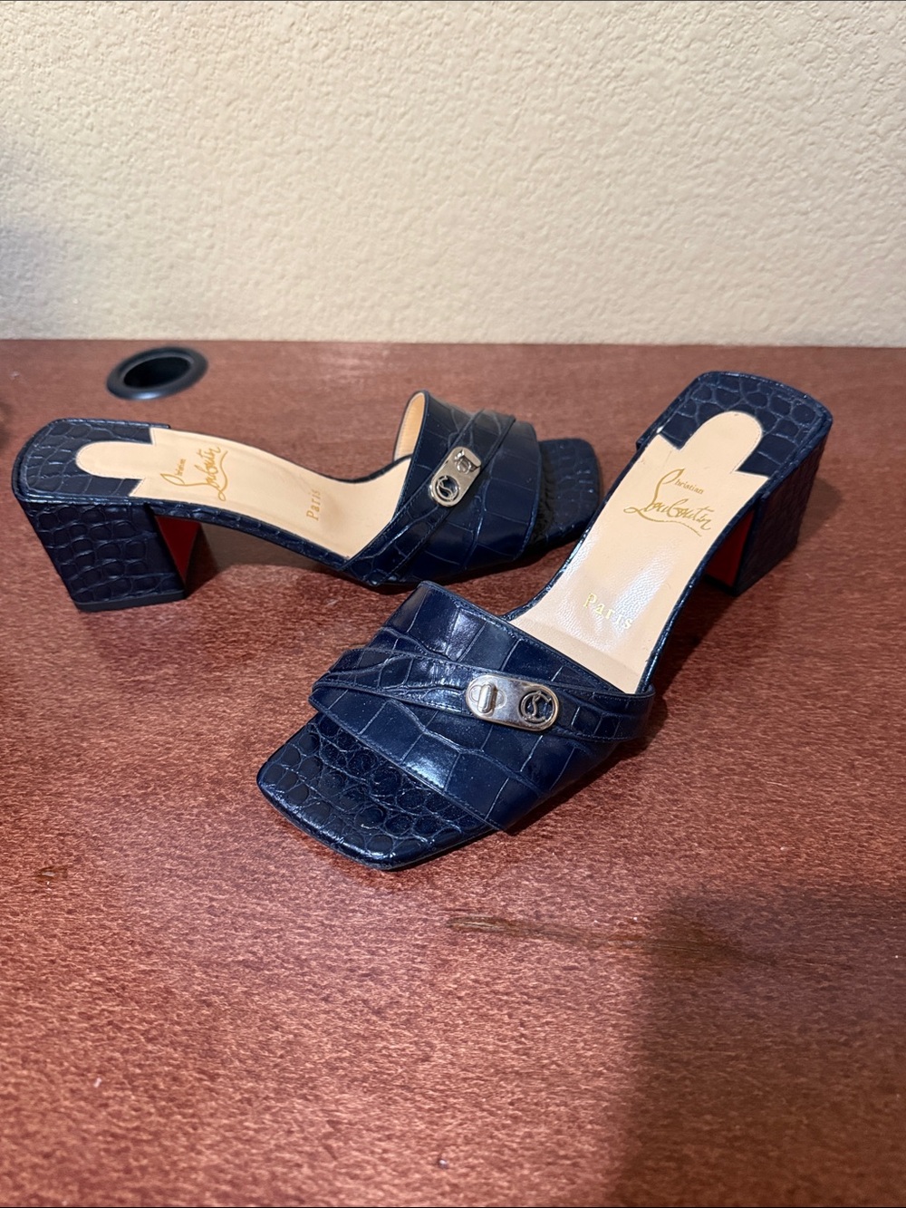 Christian Louboutin Navy Croc-Embossed Mid Heel Slide with Logo Accent 39